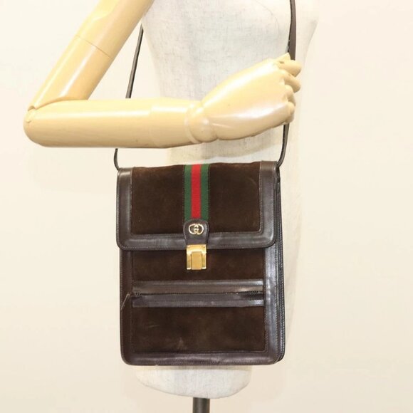 GUCCI GG Canvas Web Sherry Line Bag Suede Leather Dark Brown gold Auth - Picture 1 of 16